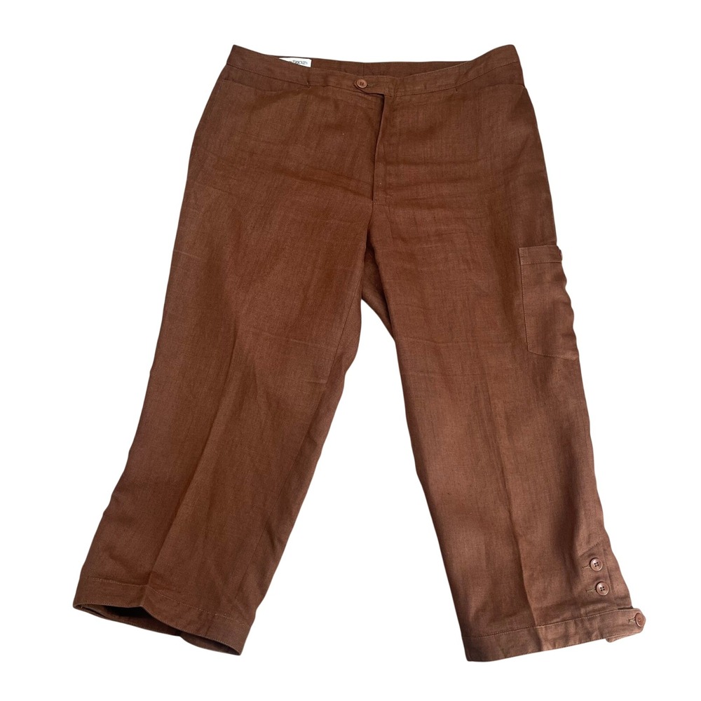 Vintage 100% Linen Crop Pants Women Size 12 Brown Cargo Button Hem Made In USA